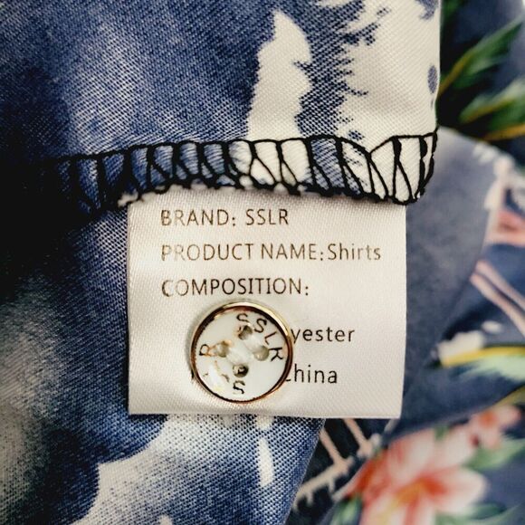 NWT SSLR Men's Hawaiian Shirt Aloha Flamingos Palms Tropical Blue Pink Size L - Picture 5 of 6